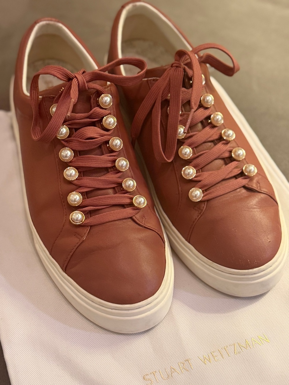 Stuart Weitzman Rust Leather Pearl-Trim Low-Top Sneakers